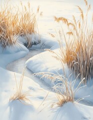 Serene winter stream, snow-covered banks, golden grasses