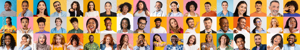 Poster A vibrant collection of portraits features individuals from various backgrounds, each displaying unique expressions of joy.