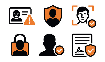 Two-Color vector icons of digital identity protection: ID theft alert, secure profile, facial verification, digital signature. Identity lock, account verification, consent icon, secure form.