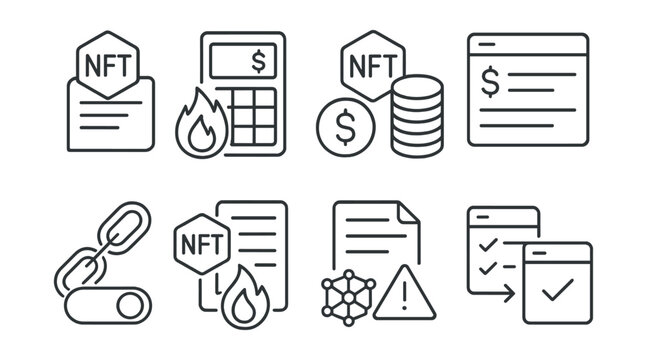Line style icons of NFT crafting: mint cost estimator, gas fee calculator, mint batch pricing icon, cost breakdown panel, network selection toggle, optimized gas mode, mint-on-demand icon,