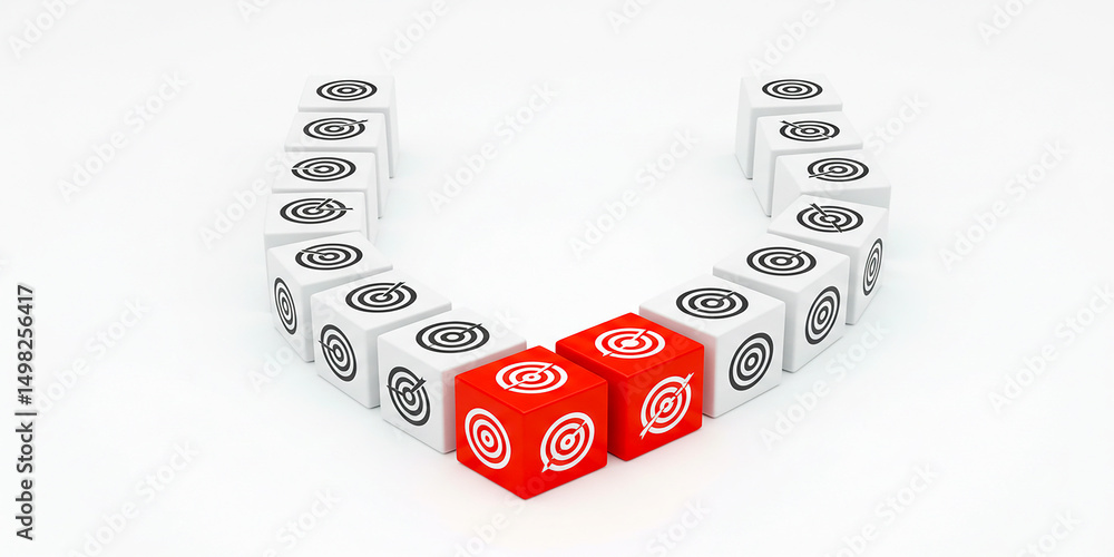 Poster two red cubes symbolizing a key decision point amongst a path of standard choices rendered on transp