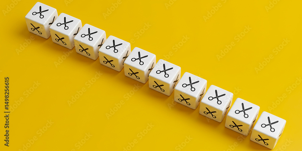 Poster conceptual lineup of dice marked with scissors to represent choices cuts or decisions on a on transp