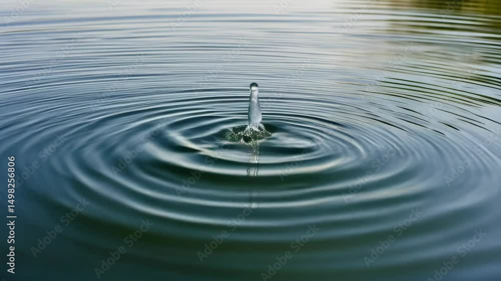 Poster water droplet striking a calm blue surface, creating concentric ripples and a visible splash, macro 
