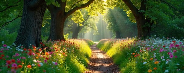 Sun-dappled forest path winding through ancient trees, lush green canopy overhead, vibrant wildflowers blooming along the way  A tranquil scene of natural beauty ,  bloom,  natural,  organic