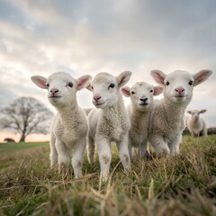 Fototapeta premium Adorable Group of Four Young Lambs Standing Together in a Grassy Field
