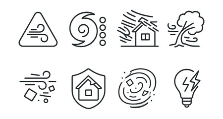 Line style icons of extreme weather: high wind alert, hurricane category scale, wind destruction icon, tree uprooted by wind, debris in air, roof damage badge, storm debris swirl, power outage icon.