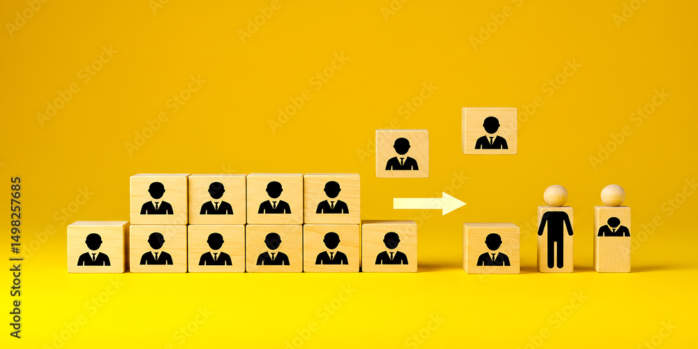 Poster from many to few a strategic team restructure depicted with minimalist wooden blocks and an on trans