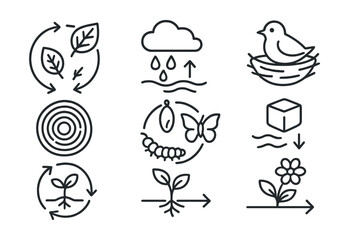 Line style icons of seasonal cycles in nature: leaf growth and fall, water cycle symbol, annual ring tree badge, insect life cycle, bird nesting phase, ice melt cycle, seed germination ring,
