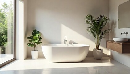 Modern minimalist bathroom with single freestanding bathtub, sleek chrome fixtures, and large window offering natural light  Perfect for relaxation and spa-like atmosphere , bright, water
