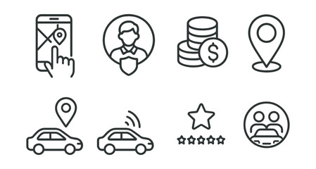 Line style icons of ride-hailing services: app ride request, driver profile badge, estimated fare icon, pickup point marker, ride in progress, arrival alert, user rating icon, carpooling badge.