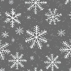 A gray background adorned with various sizes of white snowflakes and tiny sparkling dots