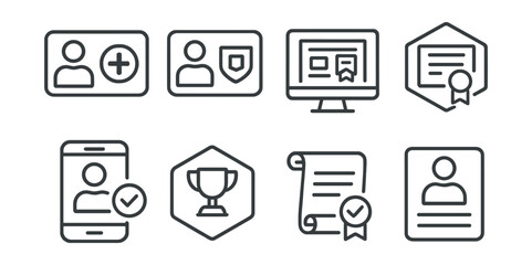 Line style icons of digital identity: health record ID token, medical identity credential, education certificate ID, diploma NFT badge, digital license verification, proof of skill NFT, verified