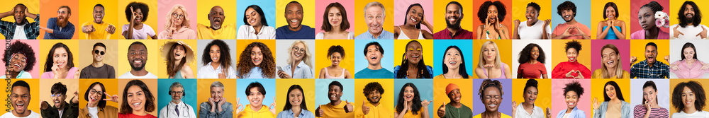 Poster a vibrant collage features diverse smiling individuals from various backgrounds against colorful bac