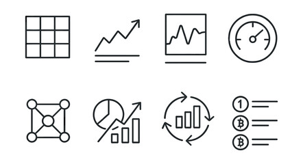 Line style icons of crypto forecasts: market heatmap icon, asset momentum score, relative strength chart, overbought/oversold indicator, asset correlation matrix, market dominance shift, sector