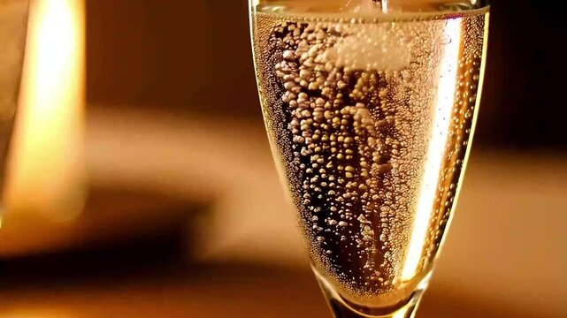 Sparkling champagne flute with rising bubbles, elegant golden prosecco in crystal glass, luxury celebratory drink for wedding or anniversary