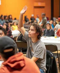 Young man engages in civic discussion at community center with diverse participants
