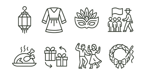 Naklejka premium Line style icons of traditions and holidays: lantern icon, folk costume, festival mask, cultural parade, holiday meal, gift exchange, traditional dance, seasonal craft.