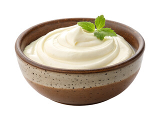 Creamy whipped topping in an artisanal bowl featuring fresh mint leaves, set against a transparent backdrop, perfect for desserts and culinary creativity that enhances dining experiences Generative AI