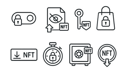 Fototapeta premium Line style icons of NFT crafting: unlockable content toggle, hidden file upload field, private content key, unlock-on-purchase icon, token-gated download button, reveal timer setting, content vault