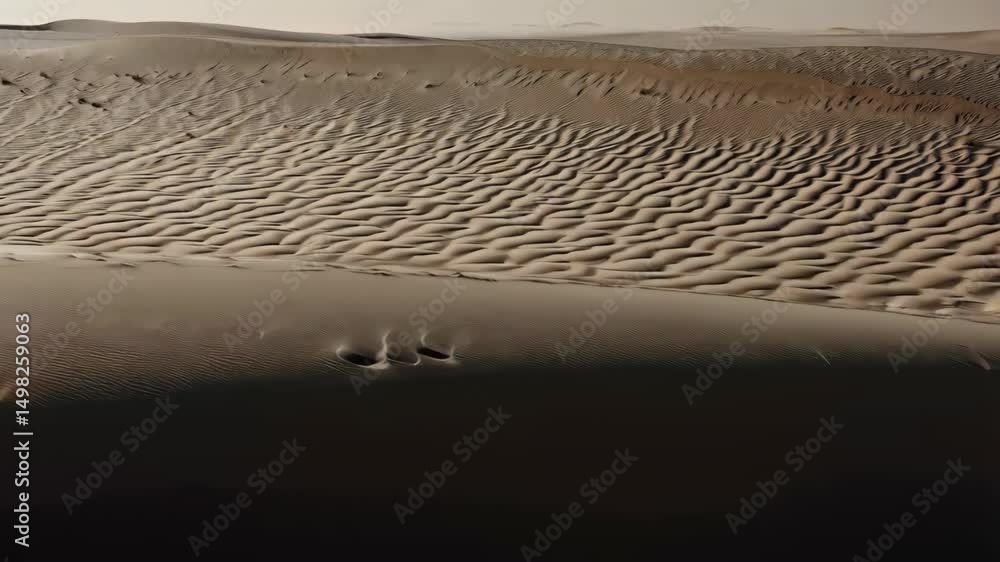 Poster Sweeping arid landscape with textured sand dunes under diffused light creating dramatic patterns and tonal variations