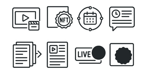 Line style icons of NFT media: live coverage icon, breaking news token, event timeline badge, real-time update feed, rolling article series, stream-linked article, live news header, flash report