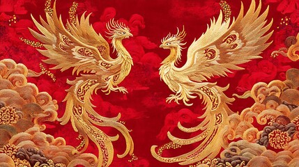 Two golden phoenixes facing each other on a rich red background chinese symbol image