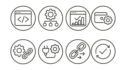 Line style icons of remote Web3 work (circular): Web3 tool integration icon, task automation ring, dApp productivity badge, wallet-linked tool icon, task API link, plugin ecosystem circle, app flow