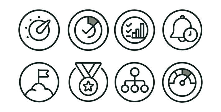 Line style icons of remote Web3 work (circular): task prioritization dial, goal progress circle, OKR dashboard ring, deadline reminder bubble, milestone circle badge, achievement ring icon, goal