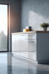 Minimalist interior showcasing a sleek white cabinet with a plant and sunlight streaming through a window. Perfect for design, architecture or lifestyle concepts.