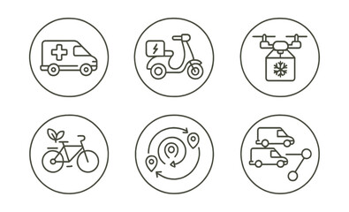 Fototapeta premium Line style icons of medicine delivery (circular): pharmacy delivery vehicle icon, electric delivery bike badge, drone delivery ring, temperature-controlled van, eco-friendly courier tag, insulated
