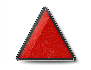 Red triangular warning sign with a metallic frame, showing wear and texture