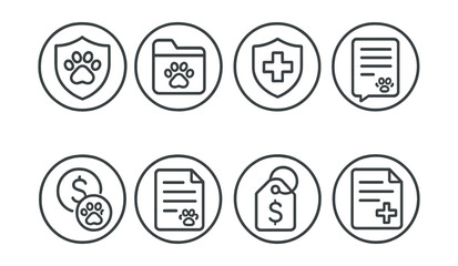 Line style icons of veterinary care (circular): pet insurance plan badge, policy folder icon, coverage shield ring, claim form bubble, deductible icon, vet bill document, reimbursement tag, treatment