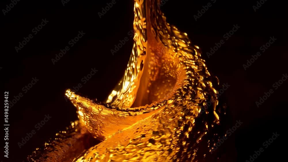 Aufkleber liquid golden fluid splashes upwards in dynamic motion against a dark background, creating a rich te