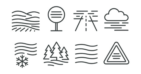 Fototapeta premium Line style icons of foggy weather: mist over field, low visibility icon, fog lines on road, cloud at ground level, cold haze, forest in fog, layered fog bands, traffic fog warning.