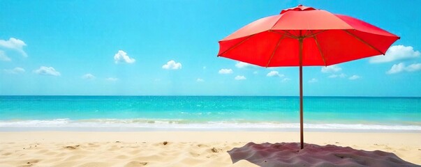 Vibrant red beach umbrella providing shade on a sunny day at the seaside, casting a shadow on the golden sand  Perfect for summer vacation imagery and travel brochures , tropical, heat, umbrella
