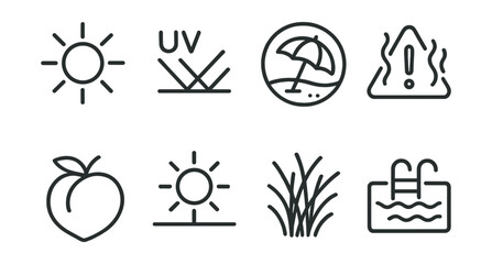 Line style icons of summer: strong sun, UV rays icon, beach umbrella badge, heatwave alert, ripe fruit symbol, long day indicator, dry grass texture, swimming pool icon.