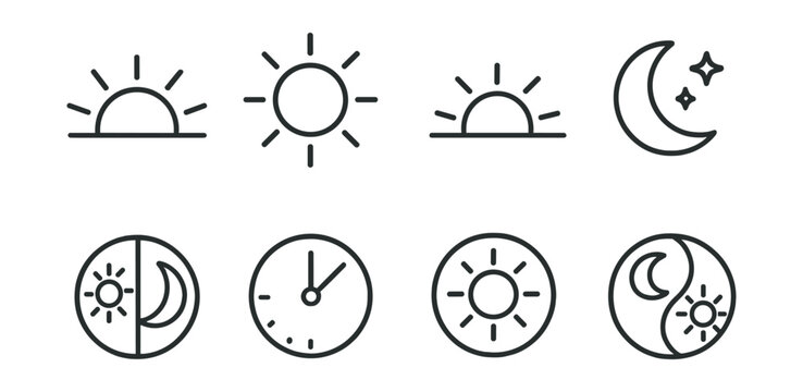 Line style icons of time: morning sunrise, afternoon sun, evening sunset, midnight moon, day and night cycle, time-of-day icon, daylight hours ring, circadian rhythm badge.