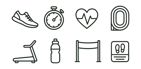 Line style icons of running and cardio: running shoe, stopwatch, heart rate monitor, running track, treadmill icon, water bottle, finish line, step counter.