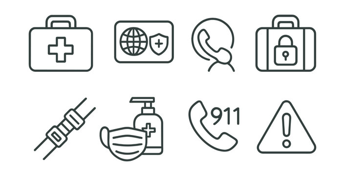 Line style icons of travel safety: first aid kit, travel insurance card, emergency contact icon, locked suitcase, seatbelt icon, mask and sanitizer, local emergency number, health alert.