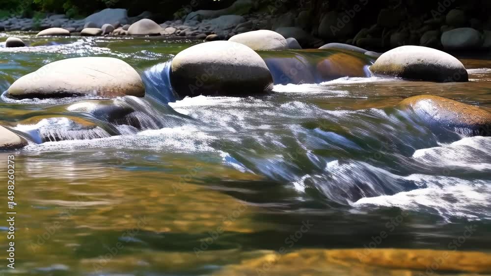 Aufkleber crystal clear water flows around smooth rocks in a shallow riverbed, creating small cascades and ref