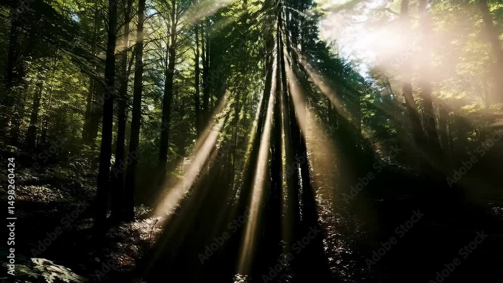 Aufkleber sunlight beams filter through the trees in a lush forest, creating a scenic, beautiful woodland sett