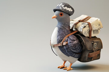 Carrier Pigeon in Hat with Bag and Letter Isolated