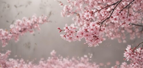 Delicate pink sakura petals drift on a soft-focus spring backdrop ,  bloom,  floral