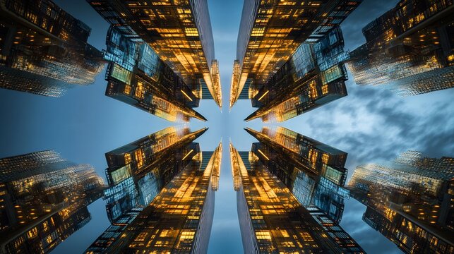 Alternate cities floating upside down the multiverse mirrored architecture and neon lit environments