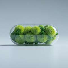 Green Circular Pill Capsules Objects Health Vitamins Supplements Texture Botanical Organic Design Arrangement Closeup Isolated Surface Plastic Interior Modern Medical Therapy Decoration Eco-Friendly