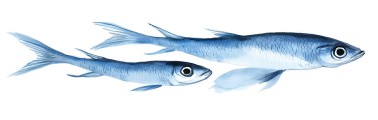 Watercolor single smelts fish illustration. Top view, blue colors, closeup; small, thin, long, whole body. Hand drawn watercolour paint, isolated on white background.