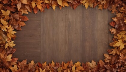 A border of fallen leaves with varying shades and textures against a wood background , graphics, foliage