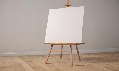 Wooden easel legs & base supporting a large blank canvas ,  material,  background,  design