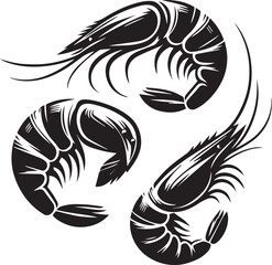 Three stylized black shrimp illustrations seafood design