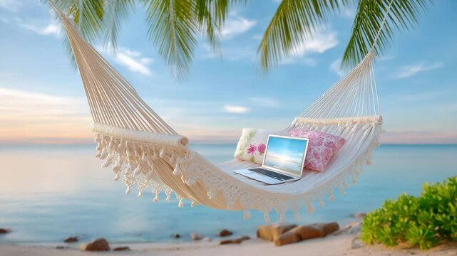 digital nomad hammock beach workspace, laptop and pillows on tropical hammock with sea view remote work lifestyle concept for summer vacation travel freedom and work life balance background
